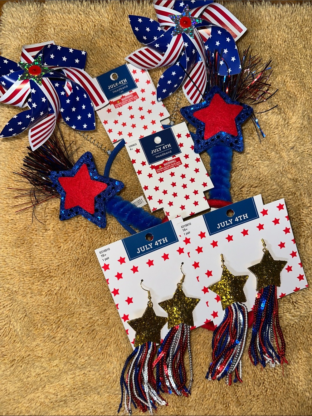Festive Star Pinwheel Red & Blue Headbands & Gold Star Glitter Dangle Earrings